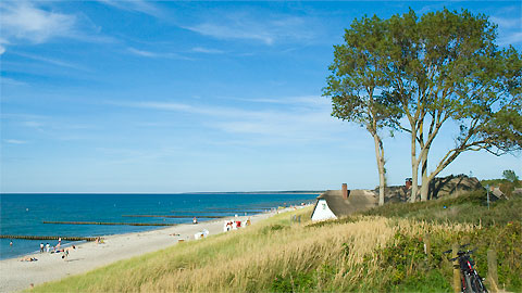 typisch für die Region: reetgedeckte Häuser, Dünen und Strand